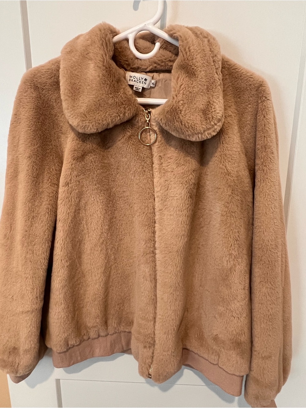 Molly Bracken Plush Teddy Jacket in Camel Brown with Gold Zipper